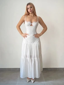 SHEIN ICON Áo hai dây cúp ngực thêu ren khoét lỗ, phong cách lãng mạn, gợi cảm dành cho nữ, thích hợp cho kỳ nghỉ. - trắng - Xem 6