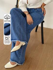 Dazy Plus Solid Light Wash Blue Frayed Hem Wide Leg Long Jeans Plus Size Women Spring Summer All Season - Medium Wash - View 1