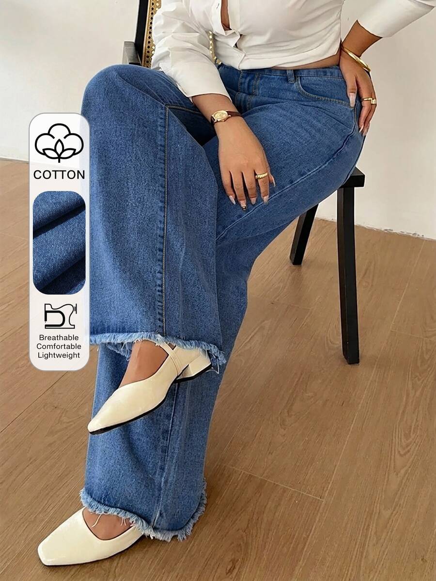 Dazy Plus Solid Light Wash Blue Frayed Hem Wide Leg Long Jeans Plus Size Women Spring Summer All Season - Medium Wash - View 1