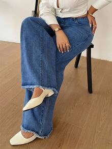 Dazy Plus Solid Light Wash Blue Frayed Hem Wide Leg Long Jeans Plus Size Women Spring Summer All Season - Medium Wash - View 6