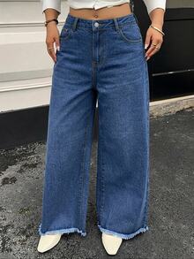 Dazy Plus Solid Light Wash Blue Frayed Hem Wide Leg Long Jeans Plus Size Women Spring Summer All Season - Medium Wash - View 2