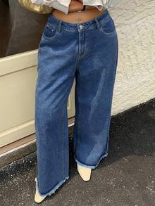 Dazy Plus Solid Light Wash Blue Frayed Hem Wide Leg Long Jeans Plus Size Women Spring Summer All Season - Medium Wash - View 5