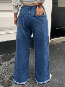Dazy Plus Solid Light Wash Blue Frayed Hem Wide Leg Long Jeans Plus Size Women Spring Summer All Season - Medium Wash - View 4