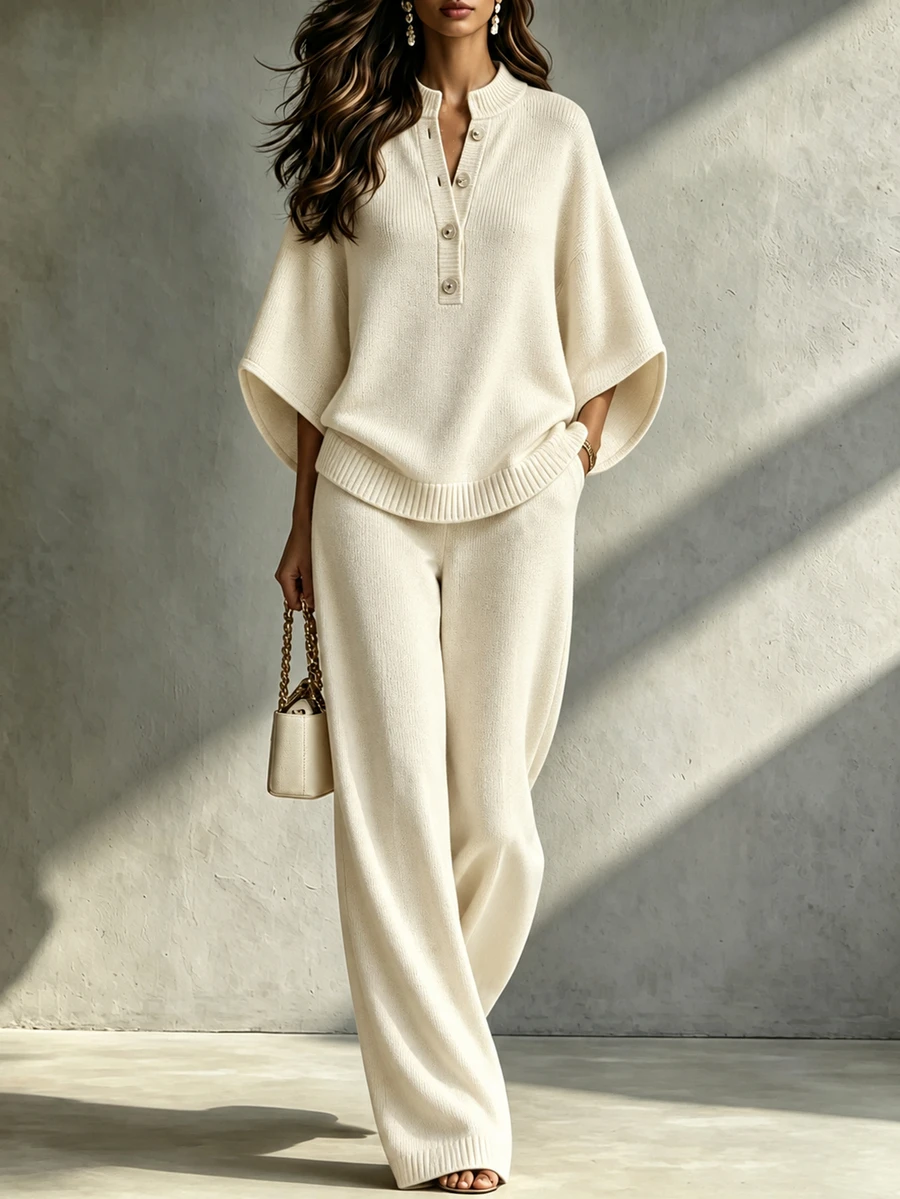 LUMIGAL Setelan 2 Potong Wanita: Sweater Lengan 3/4 Kancing Setengah Plaket Warna Polos dan Celana Rajut