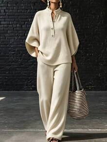 LUMIGAL Setelan 2 Potong Wanita: Sweater Lengan 3/4 Kancing Setengah Plaket Warna Polos dan Celana Rajut - Khaki - View 4