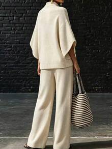 LUMIGAL Setelan 2 Potong Wanita: Sweater Lengan 3/4 Kancing Setengah Plaket Warna Polos dan Celana Rajut - Khaki - View 3