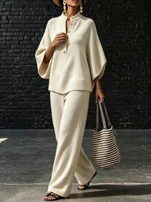 LUMIGAL Setelan 2 Potong Wanita: Sweater Lengan 3/4 Kancing Setengah Plaket Warna Polos dan Celana Rajut - Khaki - View 7