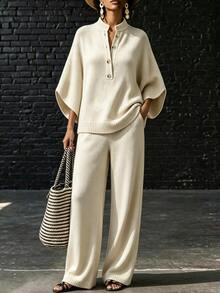 LUMIGAL Setelan 2 Potong Wanita: Sweater Lengan 3/4 Kancing Setengah Plaket Warna Polos dan Celana Rajut - Khaki - View 6