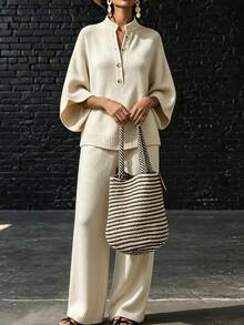 LUMIGAL Setelan 2 Potong Wanita: Sweater Lengan 3/4 Kancing Setengah Plaket Warna Polos dan Celana Rajut - Khaki - View 5