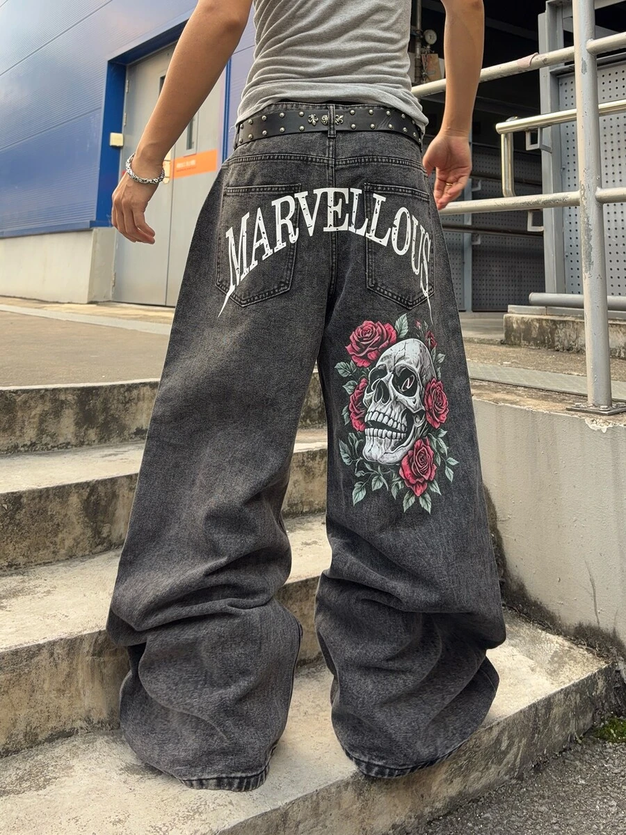 STEELVANCE 男士深灰色復古圖案街頭風龐克骷髏玫瑰字母印花寬腿牛仔褲 寬鬆丹寧長褲 秋季街頭褲 萬聖節電音節度假款 - 黑色 - 查看 1