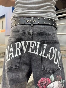 STEELVANCE 男士深灰色復古圖案街頭風龐克骷髏玫瑰字母印花寬腿牛仔褲 寬鬆丹寧長褲 秋季街頭褲 萬聖節電音節度假款 - 黑色 - 查看 6