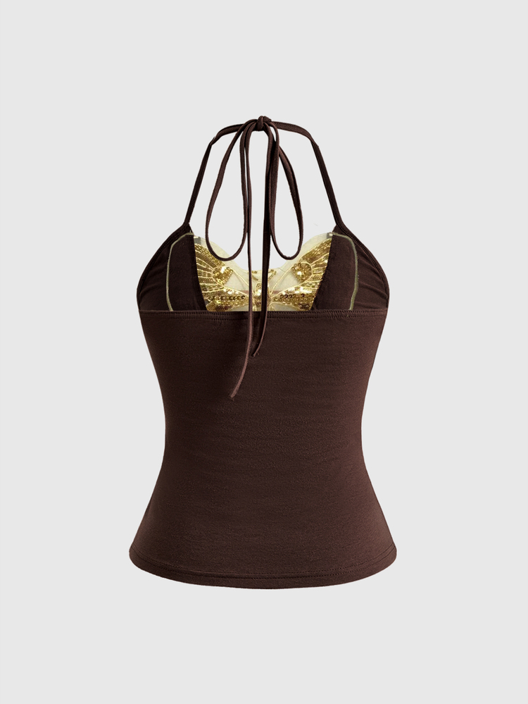 ROMWE Hippie Y2K Women's Vintage Butterfly Sequin Mesh Design Halter Neck Ruched Tank Top - Brown - View 3