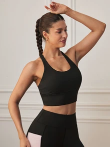 Eassivo Women's Solid Color Criss-Cross Back Everyday Sports Bra - Black - View 4