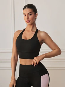Eassivo Women's Solid Color Criss-Cross Back Everyday Sports Bra - Black - View 3
