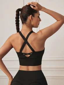 Eassivo Women's Solid Color Criss-Cross Back Everyday Sports Bra - Black - View 2