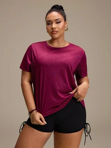SHEIN Sports Plus Size Women's Crew Neck Short Sleeve Sports T-Shirt, Spring Summer Versatile Casual Workout Top For Running, Fitness, Outdoor & Daily Commute - Burgundy - View 3