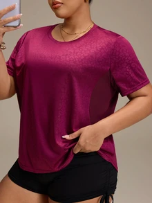 SHEIN Sports Plus Size Women's Crew Neck Short Sleeve Sports T-Shirt, Spring Summer Versatile Casual Workout Top For Running, Fitness, Outdoor & Daily Commute - Burgundy - View 1