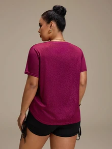 SHEIN Sports Plus Size Women's Crew Neck Short Sleeve Sports T-Shirt, Spring Summer Versatile Casual Workout Top For Running, Fitness, Outdoor & Daily Commute - Burgundy - View 2