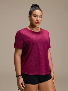 SHEIN Sports Plus Size Women's Crew Neck Short Sleeve Sports T-Shirt, Spring Summer Versatile Casual Workout Top For Running, Fitness, Outdoor & Daily Commute - Burgundy - View 5