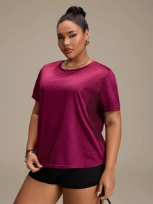 SHEIN Sports Plus Size Women's Crew Neck Short Sleeve Sports T-Shirt, Spring Summer Versatile Casual Workout Top For Running, Fitness, Outdoor & Daily Commute - Burgundy - View 4