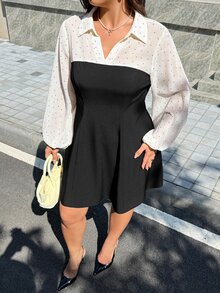 Easura 大尺碼女款法式風格 2 合 1 波點翻領泡泡袖拼接收腰 A 字短洋裝 黑色休閒約會秋季洋裝 - 黑色 - 查看 8