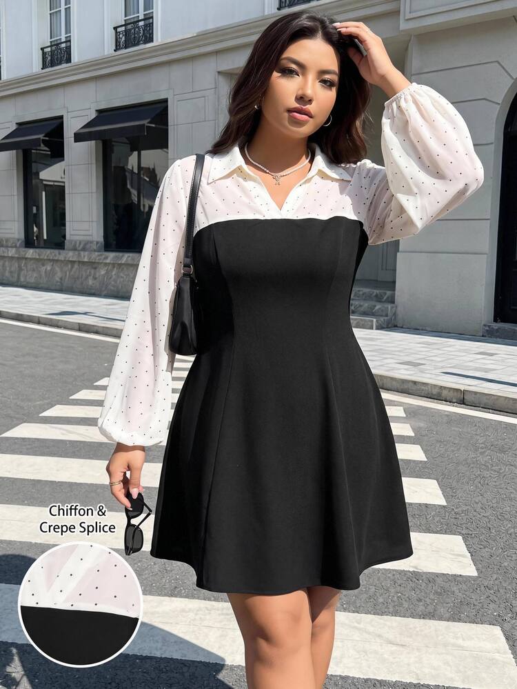 Easura Plus Size Women's French Style 2 In 1 Polka Dot Lapel Puff Sleeve Patchwork Waist A-Line Short Black Casual Date Dress Fall - Black - View 5