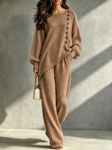 LUMIGAL Women's Solid Color Button Design Dropped Shoulder Long Sleeve Asymmetrical Hem Sweater And Knitted Pants Casual 2-Piece Set - Navy Blue - View 2