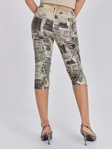 ROMWE Vintage Collage Newspaper Print Ultra Low Waist Women's Denim Mid-Length Pants - Multicolor - View 5