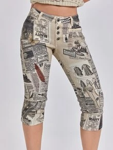 ROMWE Vintage Collage Newspaper Print Ultra Low Waist Women's Denim Mid-Length Pants - Multicolor - View 1