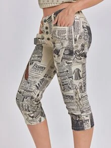 ROMWE Vintage Collage Newspaper Print Ultra Low Waist Women's Denim Mid-Length Pants - Multicolor - View 6