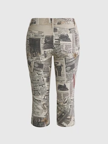 ROMWE Vintage Collage Newspaper Print Ultra Low Waist Women's Denim Mid-Length Pants - Multicolor - View 7
