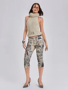 ROMWE Vintage Collage Newspaper Print Ultra Low Waist Women's Denim Mid-Length Pants - Multicolor - View 3