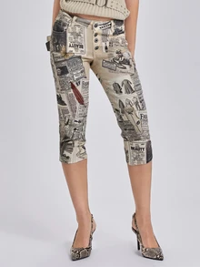 ROMWE Vintage Collage Newspaper Print Ultra Low Waist Women's Denim Mid-Length Pants - Multicolor - View 4