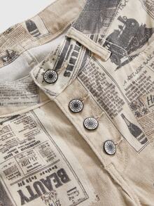 ROMWE Vintage Collage Newspaper Print Ultra Low Waist Women's Denim Mid-Length Pants - Multicolor - View 8