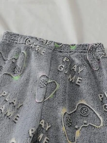 大童男孩睡衣套裝，秋冬新款灰色遊戲手把刺繡圓領雙面法蘭絨長袖上衣，搭配滿版印花遊戲主機長褲，1套 - 灰色 - 查看 7