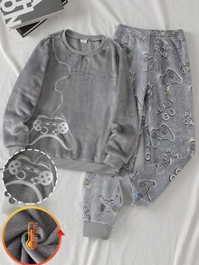 大童男孩睡衣套裝，秋冬新款灰色遊戲手把刺繡圓領雙面法蘭絨長袖上衣，搭配滿版印花遊戲主機長褲，1套 - 灰色 - 查看 3