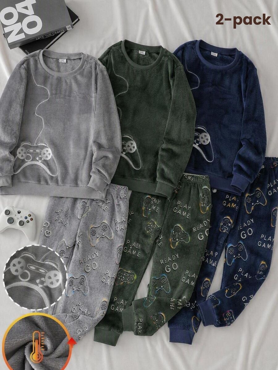 大童男孩睡衣套裝,秋冬新款灰色遊戲手把刺繡圓領雙面法蘭絨長袖上衣,搭配滿版印花遊戲主機長褲,1套 - 灰色 - 查看 1