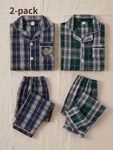 SHEIN Boys' Academy Style Vintage Basic Plaid Long Sleeve Cardigan Pants 2 Pieces Set, Casual Comfortable Loungewear Fall - Multicolor - View 11