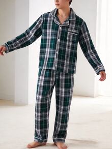 SHEIN Boys' Academy Style Vintage Basic Plaid Long Sleeve Cardigan Pants 2 Pieces Set, Casual Comfortable Loungewear Fall - Multicolor - View 7