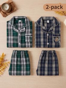 SHEIN Boys' Academy Style Vintage Basic Plaid Long Sleeve Cardigan Pants 2 Pieces Set, Casual Comfortable Loungewear Fall - Multicolor - View 10