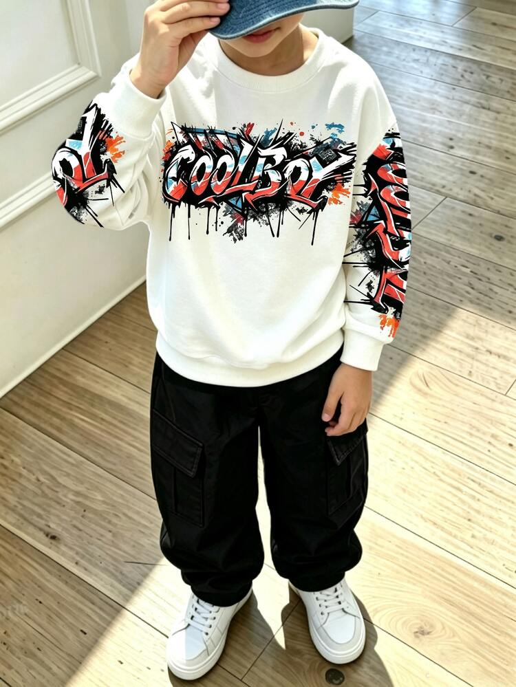 Setelan 2pcs untuk Anak Laki-Laki, Modis, Minimalis, Nyaman, Atasan Sweatshirt Leher Bulat & Celana Kargo, Desain Cetak Seluruh Permukaan yang Keren, Desain Cetak Grafis Bahasa Inggris, Cocok untuk Pesta Liburan, Pakaian Kasual, Pilihan Utama Anak Laki-Laki untuk Musim Semi/Gugur/Dingin, Streetwear, Pakaian Kasual untuk Sekolah dan Acara Kumpul-kumpul - MultiWarna - View 1