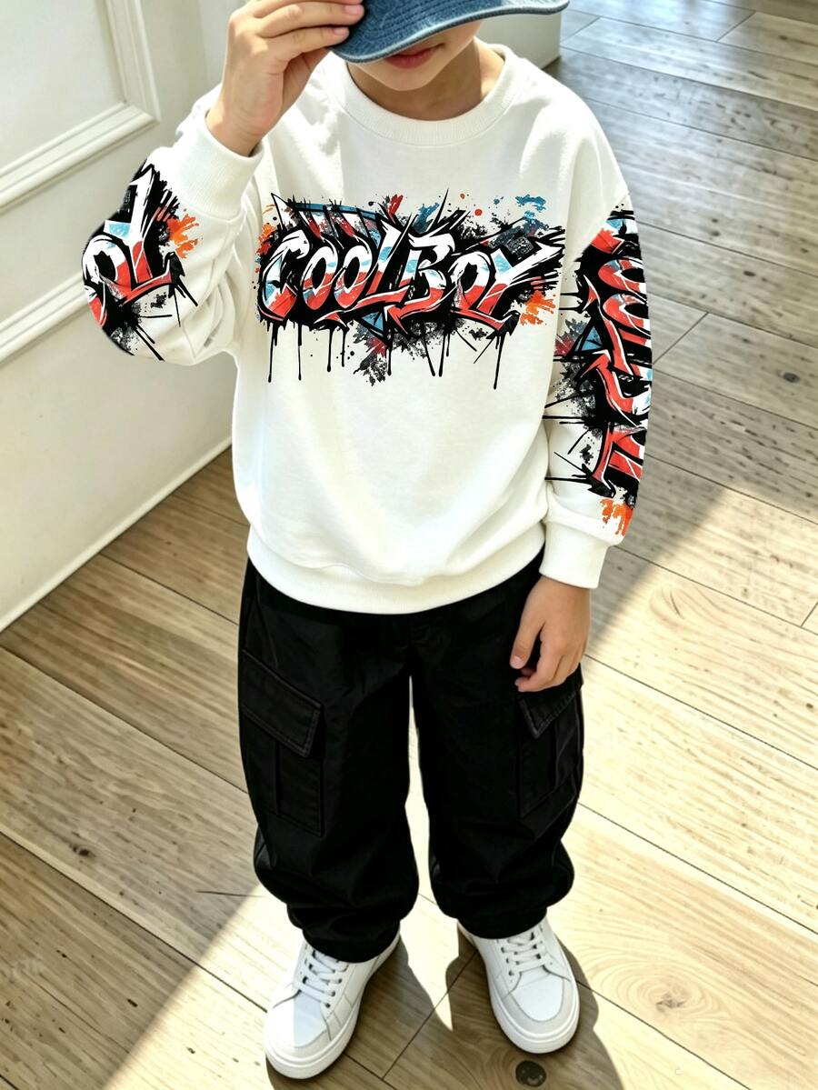 2件組小男孩時尚簡約舒適圓領衛衣與工裝褲套裝,酷炫滿版印花設計,英文圖案印花,適合假日派對、休閒穿著,男孩春/秋/冬首選,街頭風,適合學校與聚會的休閒穿搭 - 彩色 - 查看 1