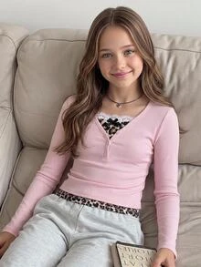 SHEIN Tween女孩粉色羅紋拼接豹紋蕾絲飾邊3D蝴蝶結長袖套頭T恤，休閒日常秋冬上衣，Y2K風格 - 粉色 - 查看 1