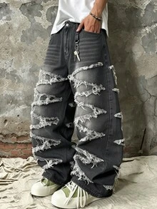 Manfinity Homme Celana Jeans Pria Gaya Gurun Gelap dengan Rumbai Kasar dan Potongan Lebar, Model Retro Hitam Abu-abu, Denim Longgar yang Dicuci - Hitam - View 6