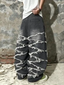 Manfinity Homme Celana Jeans Pria Gaya Gurun Gelap dengan Rumbai Kasar dan Potongan Lebar, Model Retro Hitam Abu-abu, Denim Longgar yang Dicuci - Hitam - View 2