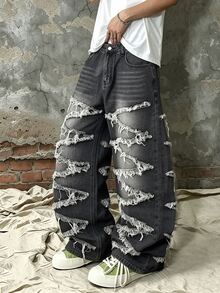 Manfinity Homme Celana Jeans Pria Gaya Gurun Gelap dengan Rumbai Kasar dan Potongan Lebar, Model Retro Hitam Abu-abu, Denim Longgar yang Dicuci - Hitam - View 1