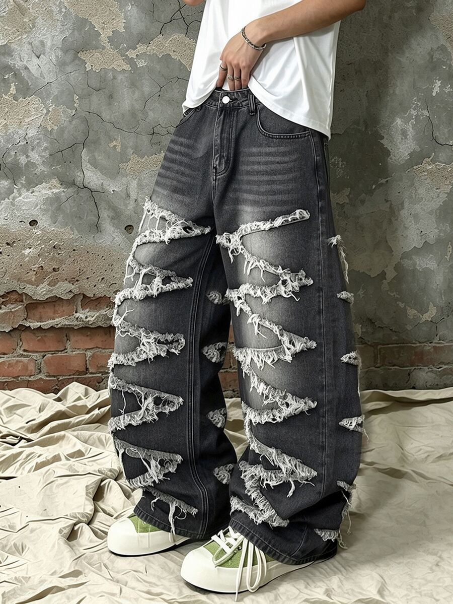 Manfinity Homme Celana Jeans Pria Gaya Gurun Gelap dengan Rumbai Kasar dan Potongan Lebar, Model Retro Hitam Abu-abu, Denim Longgar yang Dicuci - Hitam - View 1