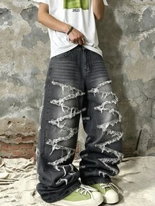 Manfinity Homme Celana Jeans Pria Gaya Gurun Gelap dengan Rumbai Kasar dan Potongan Lebar, Model Retro Hitam Abu-abu, Denim Longgar yang Dicuci - Hitam - View 5