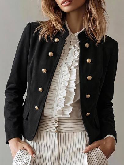 Linhara CURVE Chaqueta de manga larga de unicolor casual y versátil para uso diario para mujer talla grande otoño