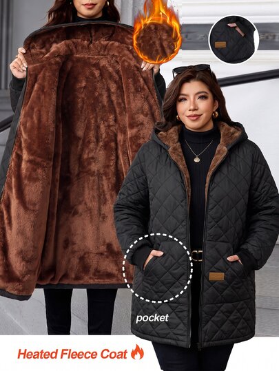 SHEIN CURVE+ Plus Size Thermal Lined Fashion Hooded Solid Color Jacket Hiking Office Club Black Winter Dressy Baggy Smart